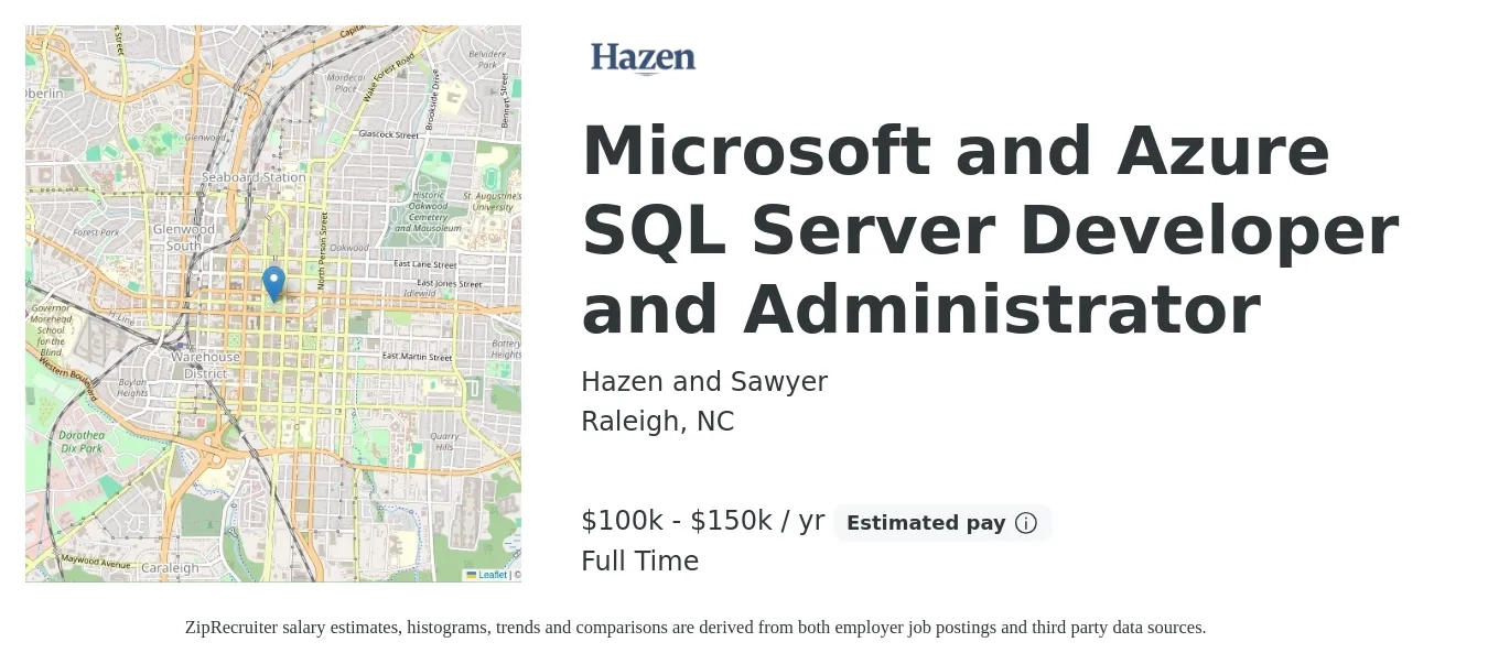 Hazen and Sawyer job posting for a Microsoft and Azure SQL Server Developer and Administrator in Raleigh, NC with a salary of $100,000 to $150,000 Yearly with a map of Raleigh location.