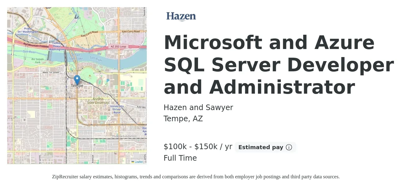 Hazen and Sawyer job posting for a Microsoft and Azure SQL Server Developer and Administrator in Tempe, AZ with a salary of $100,000 to $150,000 Yearly with a map of Tempe location.