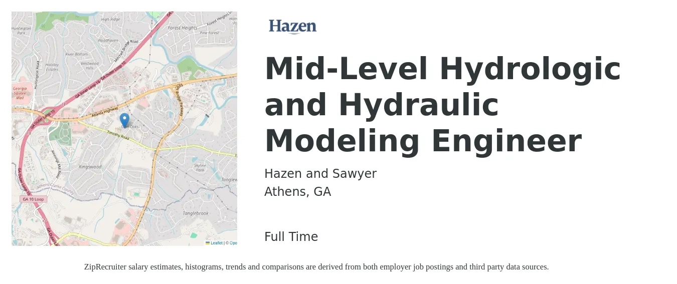 Hazen and Sawyer job posting for a Mid-Level Hydrologic and Hydraulic Modeling Engineer in Athens, GA with a salary of $66,100 to $90,400 Yearly with a map of Athens location.