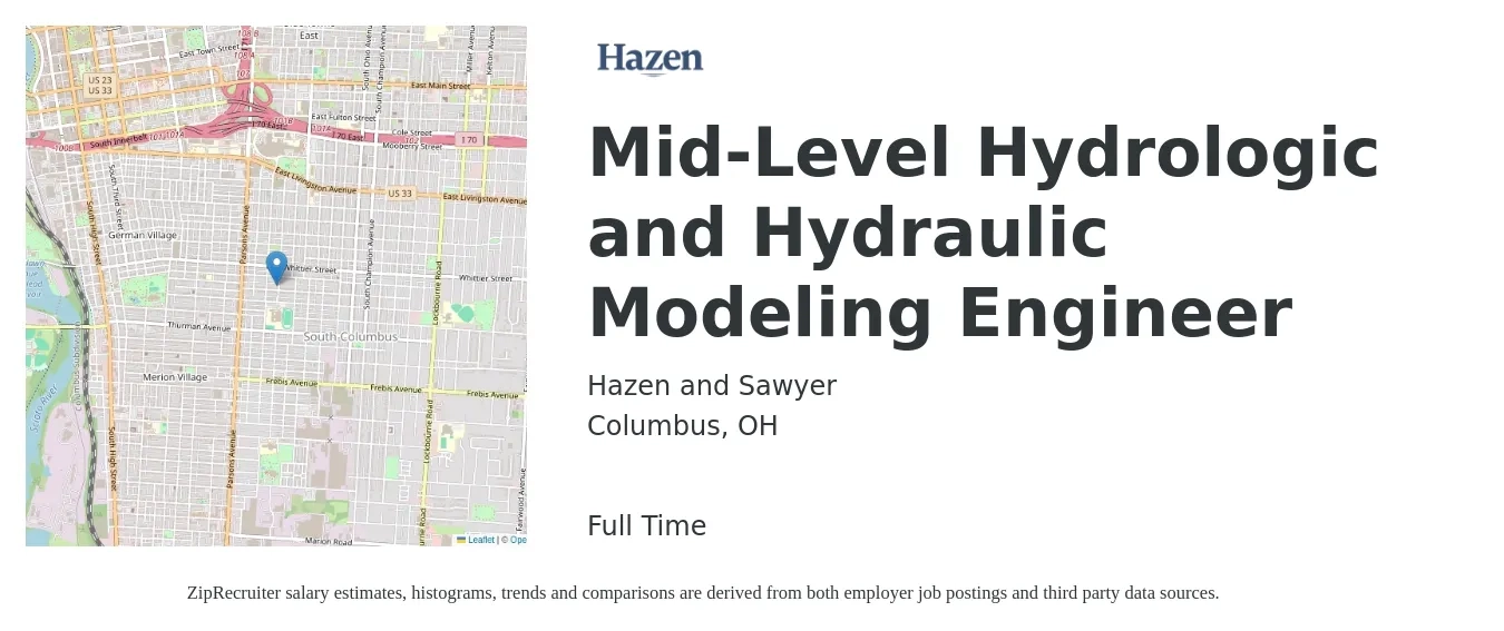 Hazen and Sawyer job posting for a Mid-Level Hydrologic and Hydraulic Modeling Engineer in Columbus, OH with a salary of $75,800 to $103,600 Yearly with a map of Columbus location.