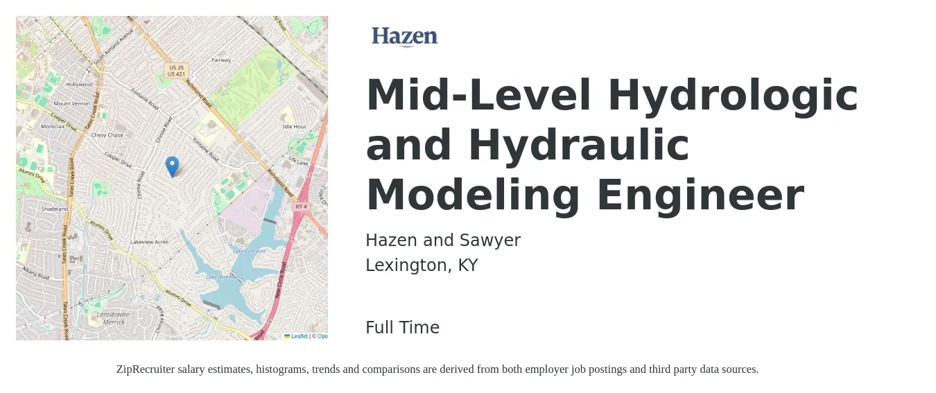 Hazen and Sawyer job posting for a Mid-Level Hydrologic and Hydraulic Modeling Engineer in Lexington, KY with a salary of $69,200 to $94,600 Yearly with a map of Lexington location.