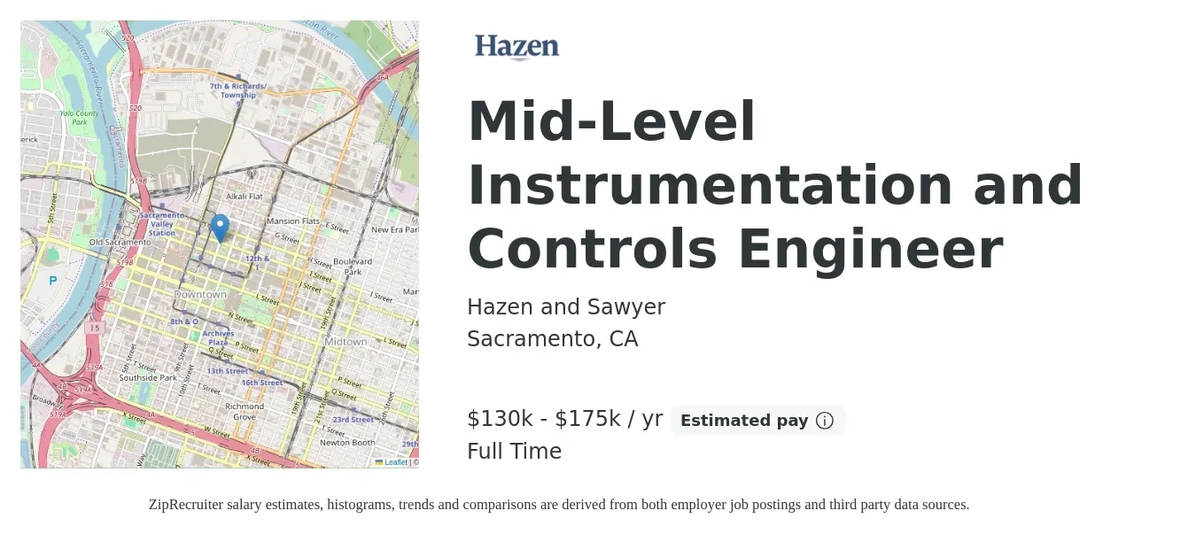Hazen and Sawyer job posting for a Mid-Level Instrumentation and Controls Engineer in Sacramento, CA with a salary of $130,000 to $175,000 Yearly with a map of Sacramento location.