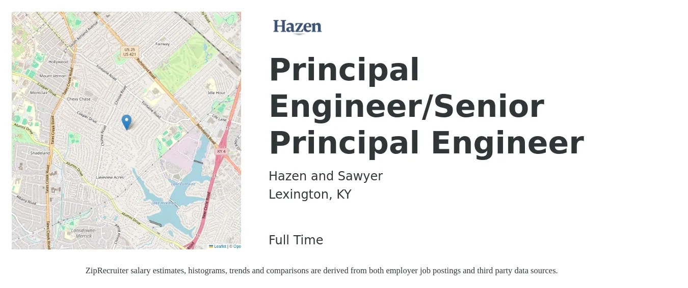 Hazen and Sawyer job posting for a Principal Engineer/Senior Principal Engineer in Lexington, KY with a salary of $103,800 to $151,500 Yearly with a map of Lexington location.