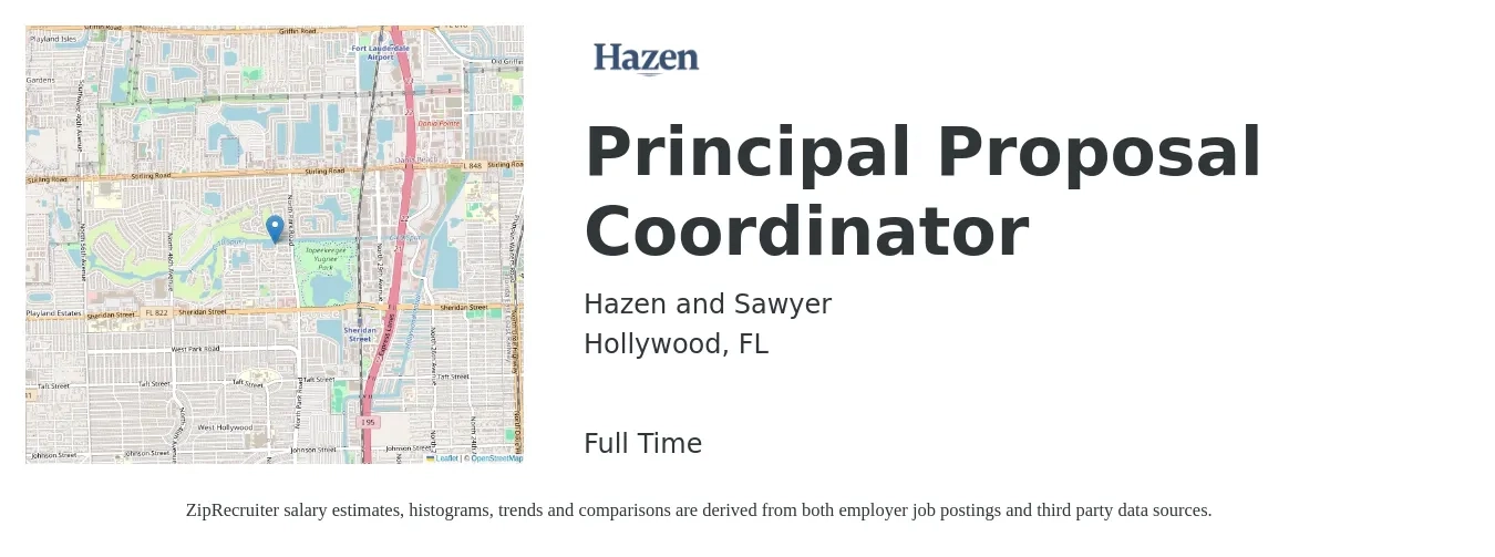 Hazen and Sawyer job posting for a Principal Proposal Coordinator in Hollywood, FL with a salary of $50,300 to $66,700 Yearly with a map of Hollywood location.
