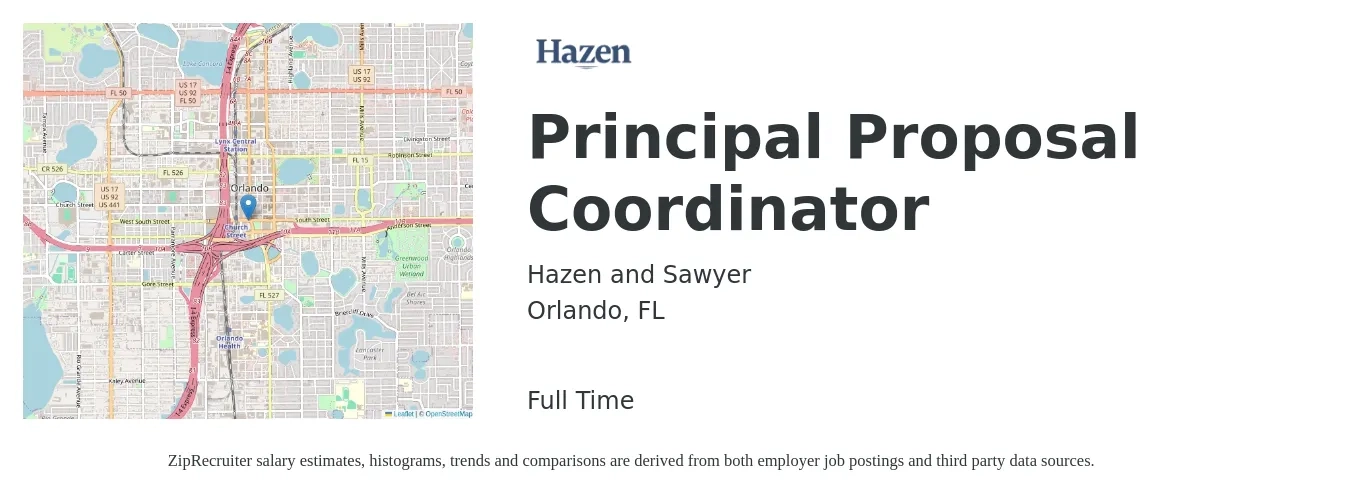 Hazen and Sawyer job posting for a Principal Proposal Coordinator in Orlando, FL with a salary of $49,900 to $66,200 Yearly with a map of Orlando location.