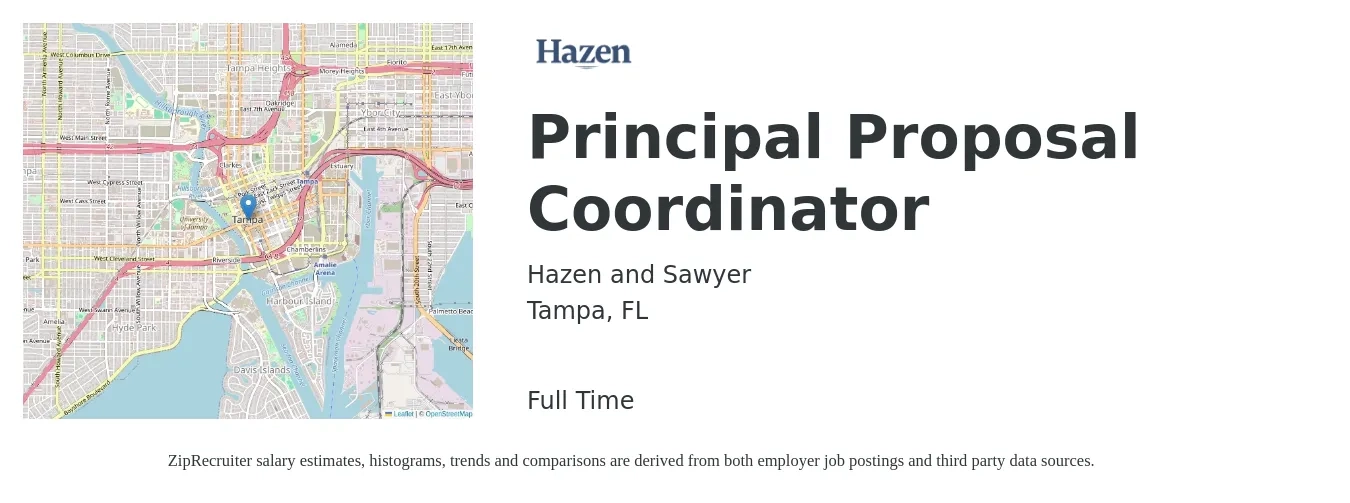 Hazen and Sawyer job posting for a Principal Proposal Coordinator in Tampa, FL with a salary of $52,000 to $69,000 Yearly with a map of Tampa location.