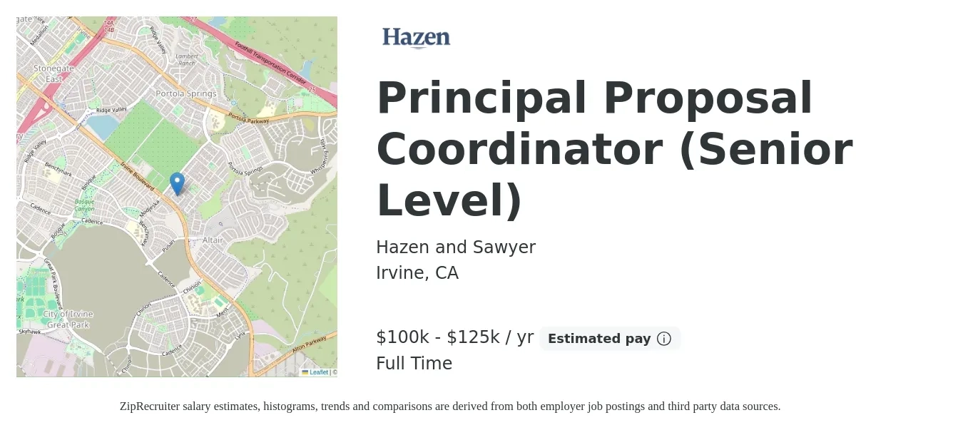 Hazen and Sawyer job posting for a Principal Proposal Coordinator (Senior Level) in Irvine, CA with a salary of $100,000 to $125,000 Yearly with a map of Irvine location.