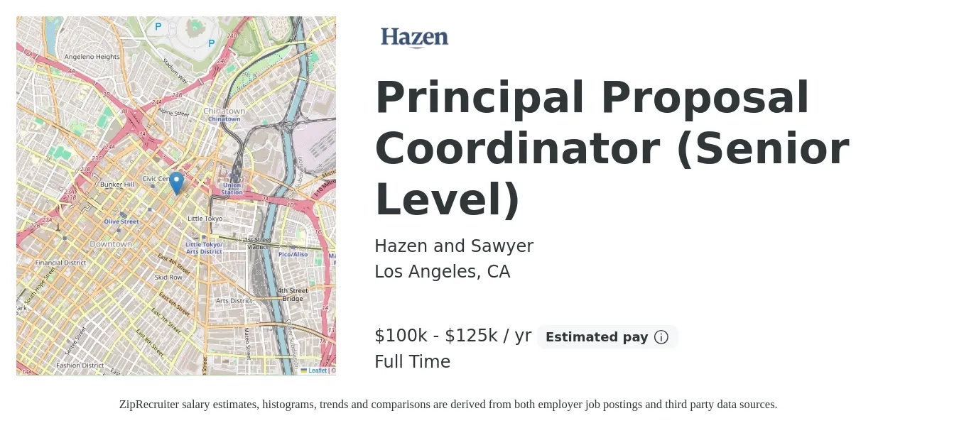 Hazen and Sawyer job posting for a Principal Proposal Coordinator (Senior Level) in Los Angeles, CA with a salary of $100,000 to $125,000 Yearly with a map of Los Angeles location.