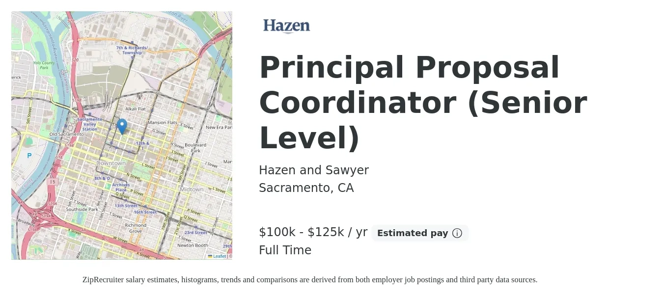 Hazen and Sawyer job posting for a Principal Proposal Coordinator (Senior Level) in Sacramento, CA with a salary of $100,000 to $125,000 Yearly with a map of Sacramento location.