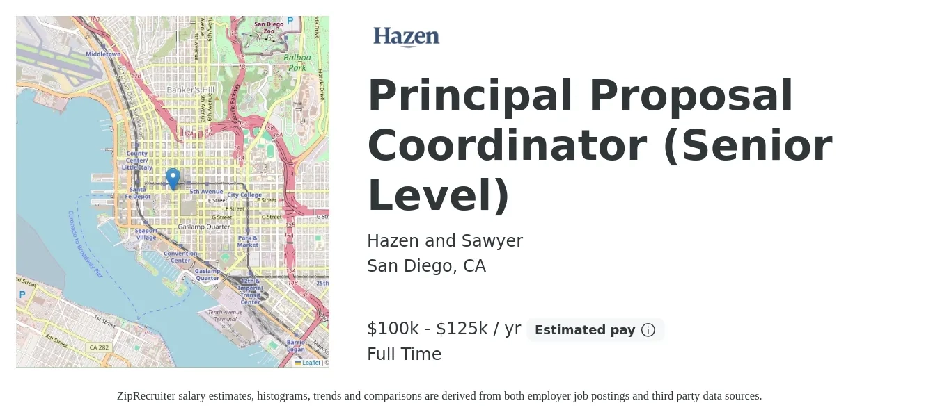 Hazen and Sawyer job posting for a Principal Proposal Coordinator (Senior Level) in San Diego, CA with a salary of $100,000 to $125,000 Yearly with a map of San Diego location.