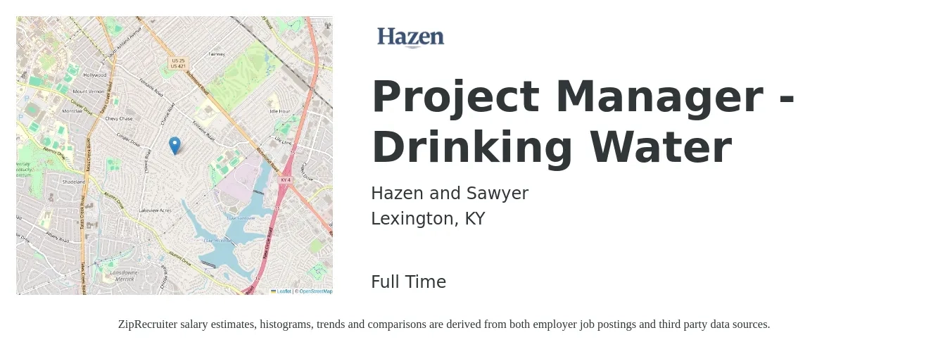 Hazen and Sawyer job posting for a Project Manager - Drinking Water in Lexington, KY with a salary of $68,700 to $107,700 Yearly with a map of Lexington location.