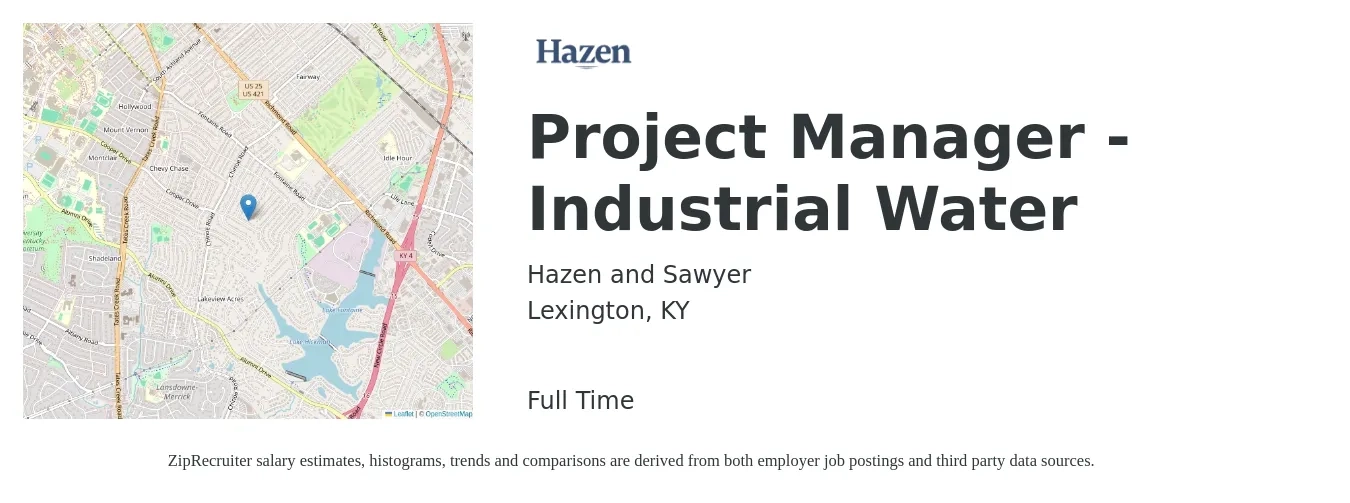 Hazen and Sawyer job posting for a Project Manager - Industrial Water in Lexington, KY with a salary of $81,000 to $107,700 Yearly with a map of Lexington location.