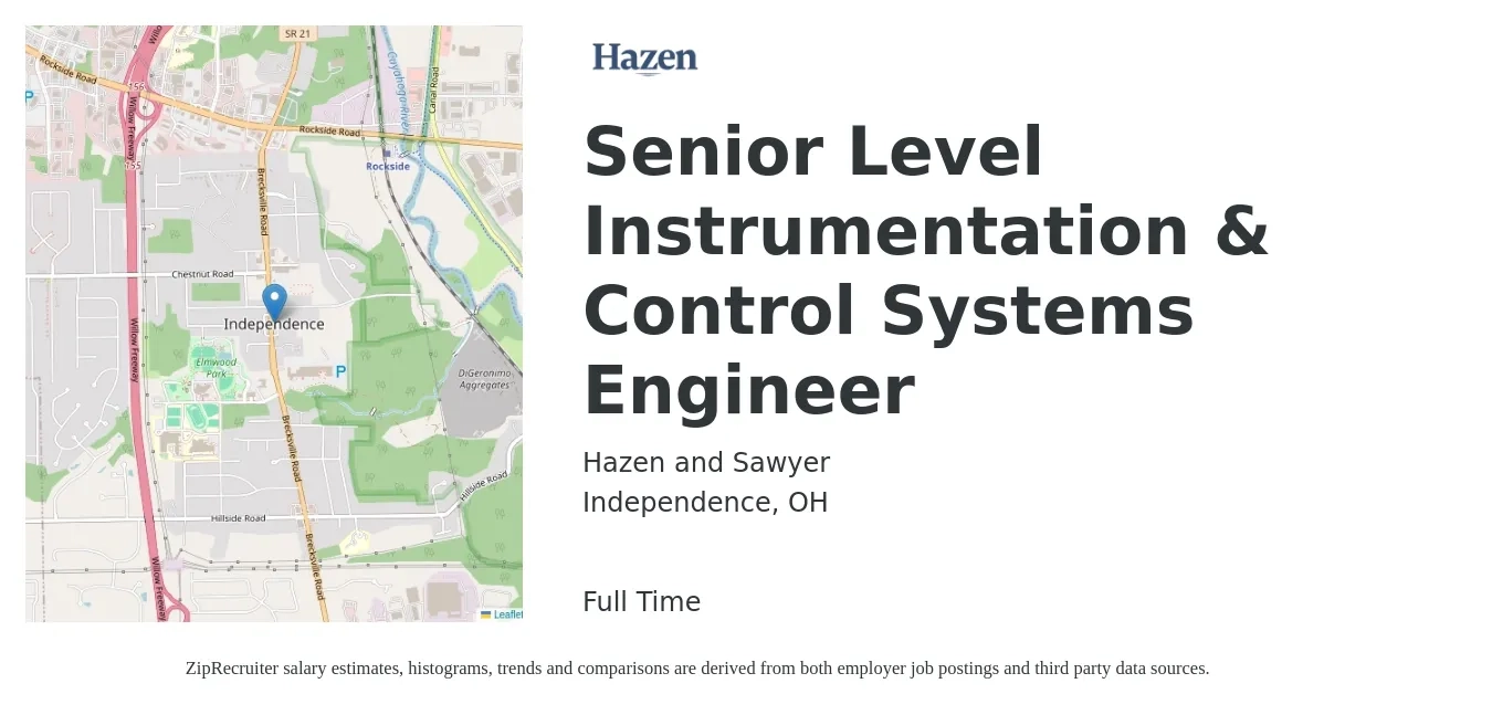 Hazen and Sawyer job posting for a Senior Level Instrumentation & Control Systems Engineer in Independence, OH with a salary of $92,200 to $134,400 Yearly with a map of Independence location.