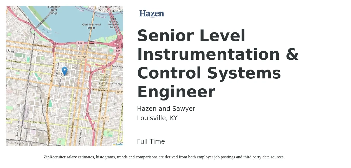 Hazen and Sawyer job posting for a Senior Level Instrumentation & Control Systems Engineer in Louisville, KY with a salary of $86,000 to $125,400 Yearly with a map of Louisville location.