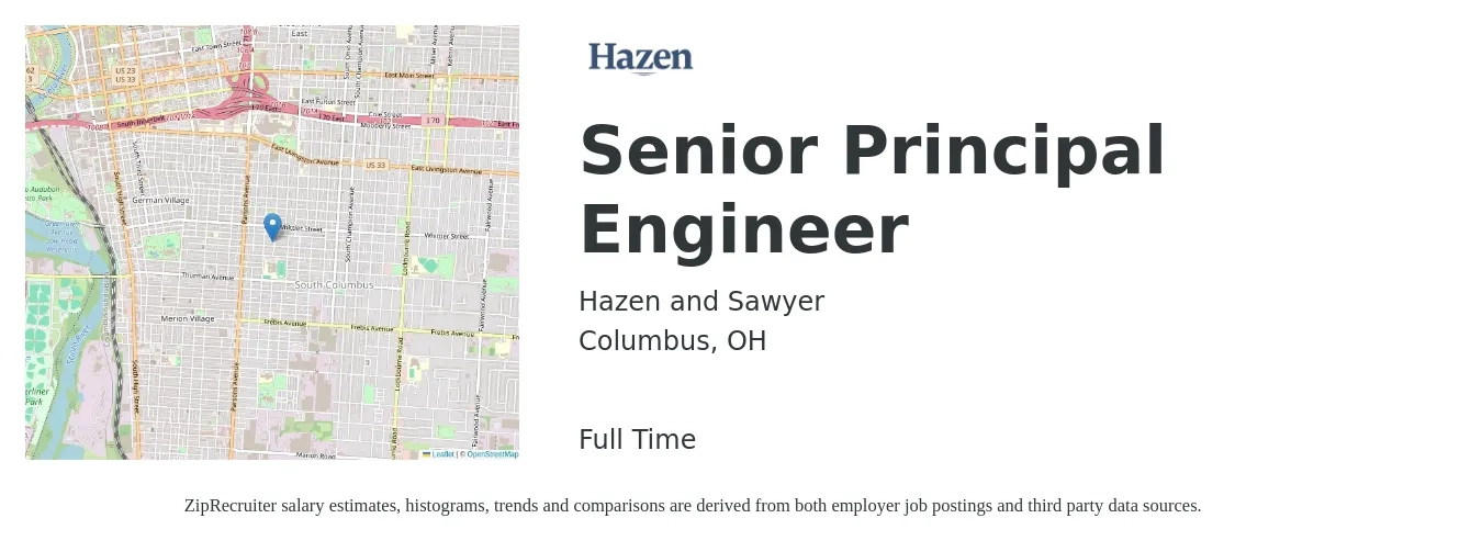 Hazen and Sawyer job posting for a Senior Principal Engineer in Columbus, OH with a salary of $120,400 to $166,000 Yearly with a map of Columbus location.