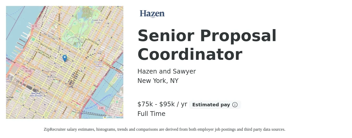 Hazen and Sawyer job posting for a Senior Proposal Coordinator in New York, NY with a salary of $75,000 to $95,000 Yearly with a map of New York location.
