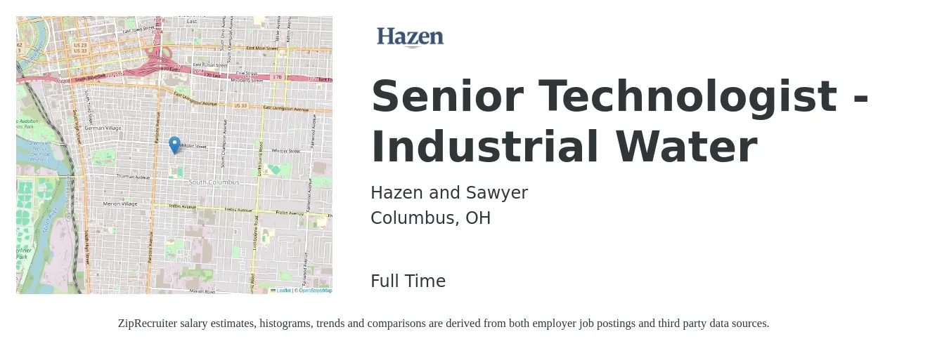 Hazen and Sawyer job posting for a Senior Technologist - Industrial Water in Columbus, OH with a salary of $18 to $39 Hourly with a map of Columbus location.