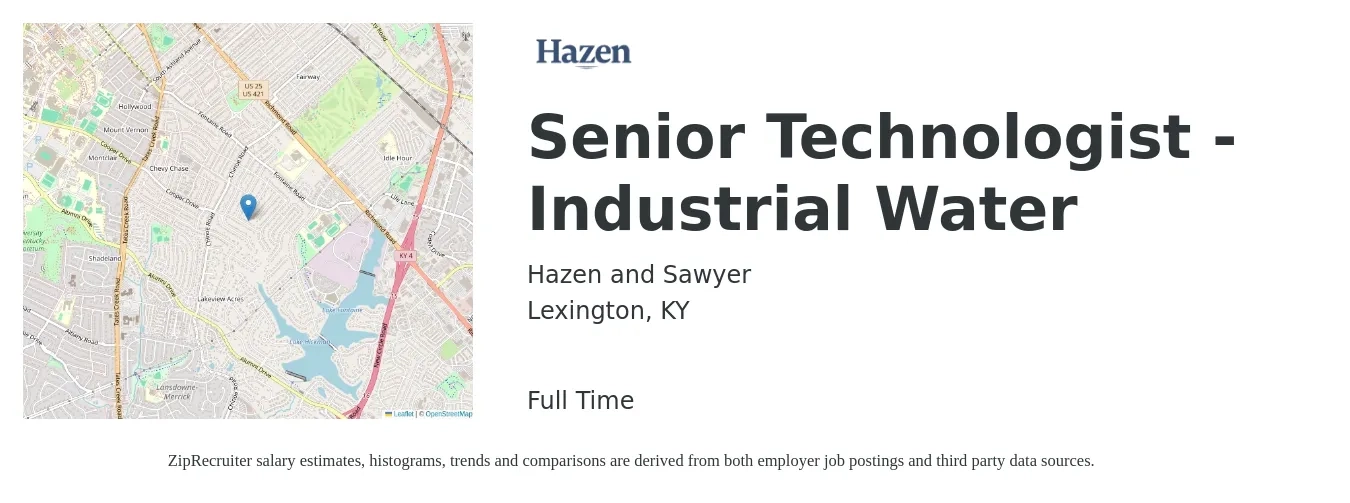Hazen and Sawyer job posting for a Senior Technologist - Industrial Water in Lexington, KY with a salary of $17 to $36 Hourly with a map of Lexington location.