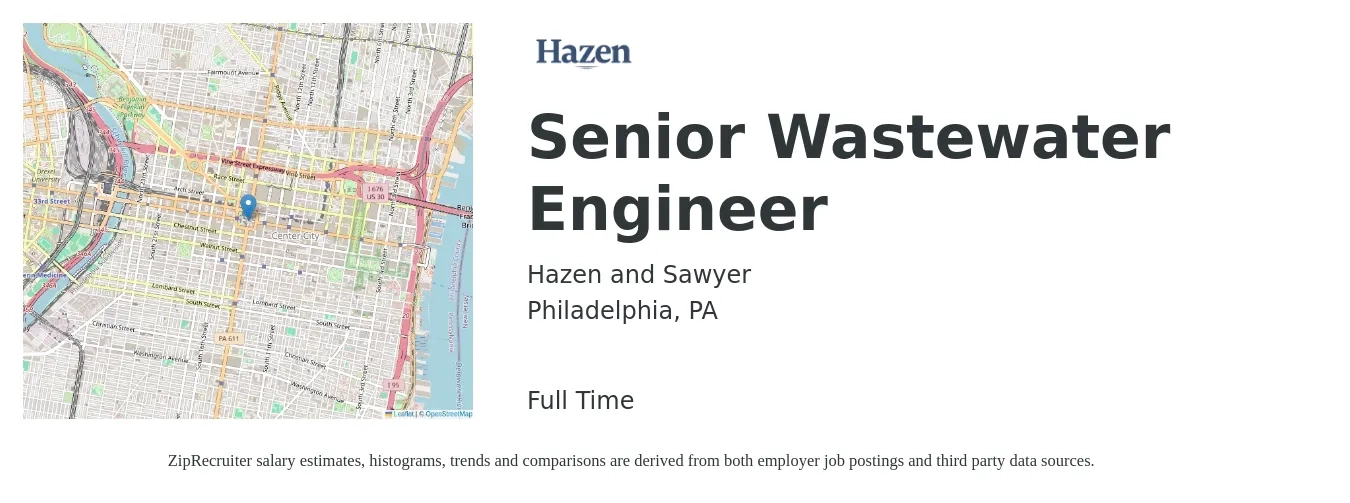 Hazen and Sawyer job posting for a Senior Wastewater Engineer in Philadelphia, PA with a salary of $99,900 to $137,100 Yearly with a map of Philadelphia location.