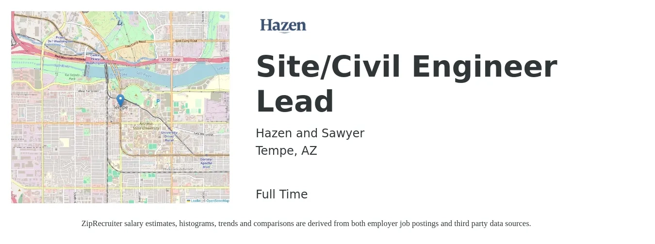 Hazen and Sawyer job posting for a Site/Civil Engineer Lead in Tempe, AZ with a salary of $65,600 to $95,700 Yearly with a map of Tempe location.