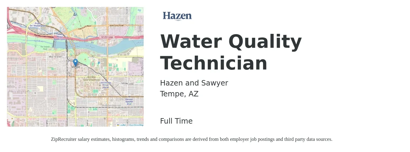 Hazen and Sawyer job posting for a Water Quality Technician in Tempe, AZ with a salary of $21 to $29 Hourly with a map of Tempe location.