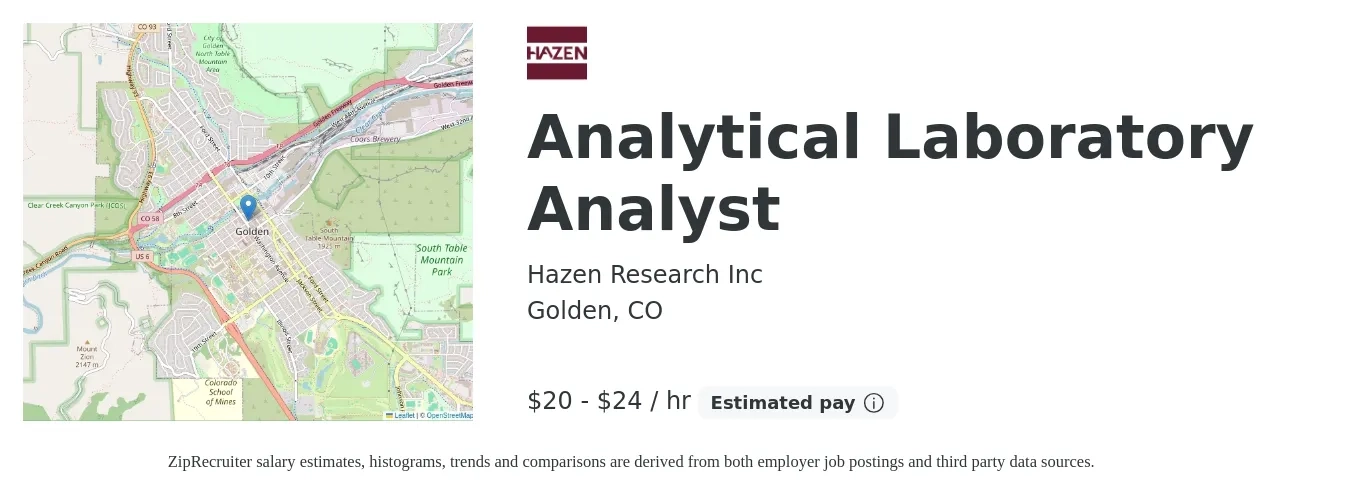 Hazen Research Inc job posting for a Analytical Laboratory Analyst in Golden, CO with a salary of $21 to $25 Hourly with a map of Golden location.