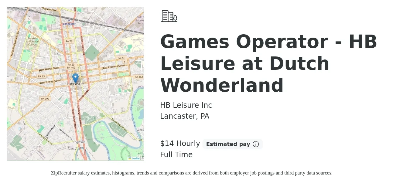 HB Leisure Inc job posting for a Games Operator - HB Leisure at Dutch Wonderland in Lancaster, PA with a salary of $15 Hourly with a map of Lancaster location.
