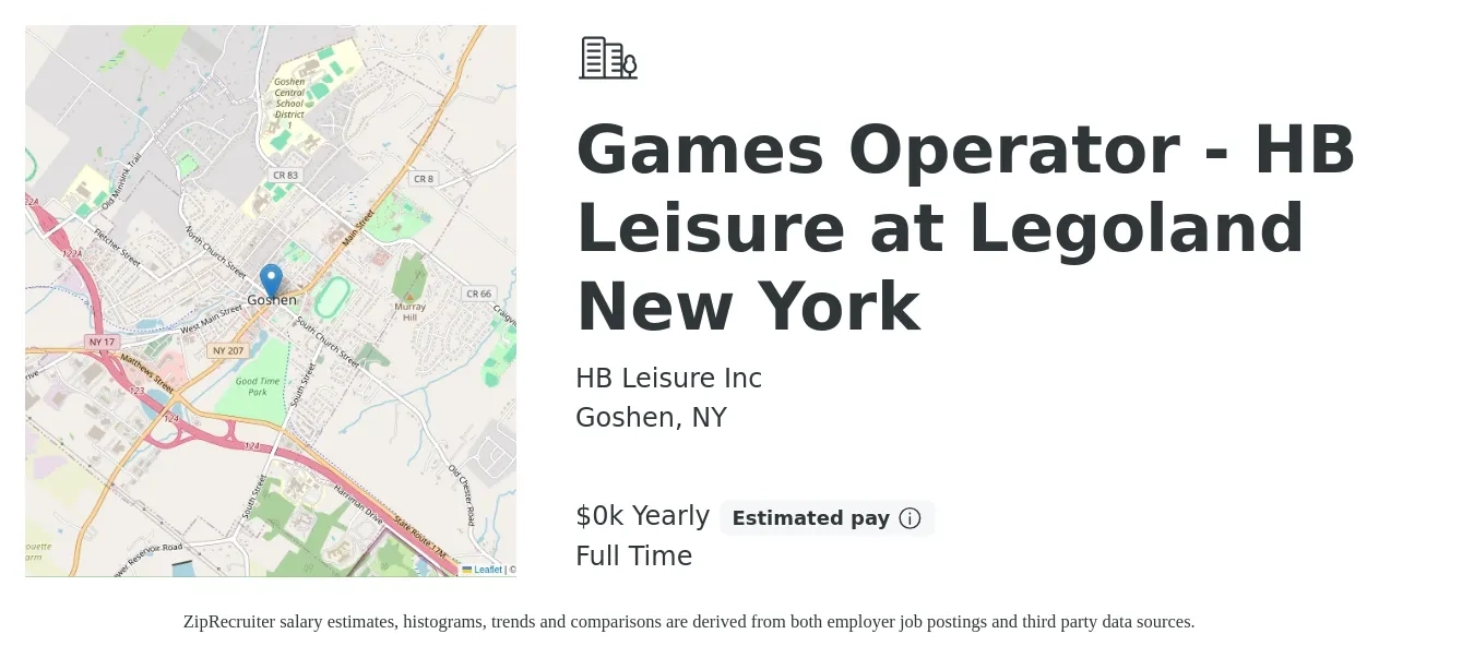 HB Leisure Inc job posting for a Games Operator - HB Leisure at Legoland New York in Goshen, NY with a salary of $16 Yearly with a map of Goshen location.