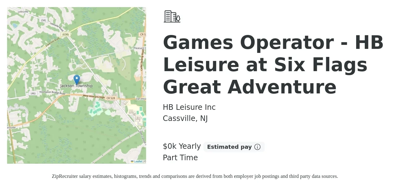 HB Leisure Inc job posting for a Games Operator - HB Leisure at Six Flags Great Adventure in Cassville, NJ with a salary of $16 Yearly with a map of Cassville location.