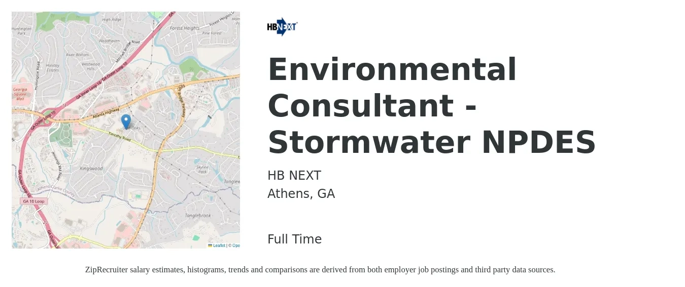 HB NEXT job posting for a Environmental Consultant - Stormwater NPDES in Athens, GA with a salary of $35,000 to $40,000 Yearly with a map of Athens location.