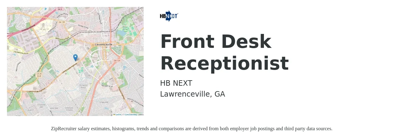 HB NEXT job posting for a Front Desk Receptionist in Lawrenceville, GA with a salary of $38,000 to $42,000 Yearly with a map of Lawrenceville location.