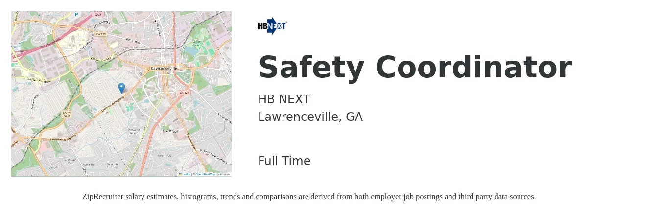 HB NEXT job posting for a Safety Coordinator in Lawrenceville, GA with a salary of $21 to $32 Hourly with a map of Lawrenceville location.
