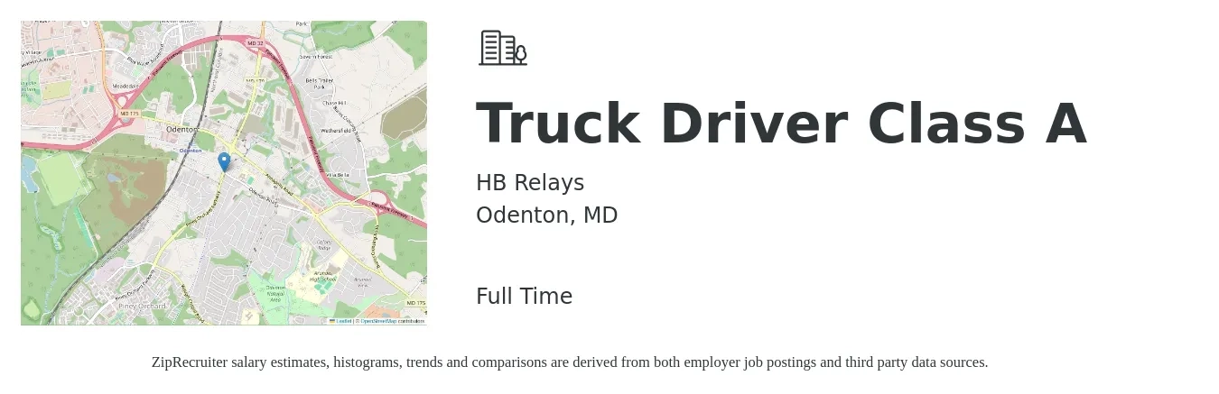 HB Relays job posting for a Truck Driver Class A in Odenton, MD with a salary of $1,380 to $2,020 Weekly with a map of Odenton location.