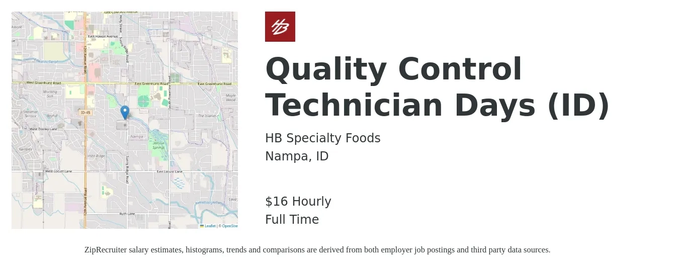 HB Specialty Foods job posting for a Quality Control Technician Days (ID) in Nampa, ID with a salary of $17 Hourly with a map of Nampa location.