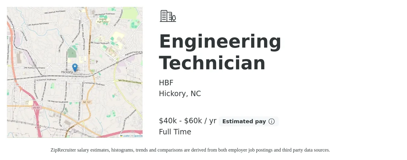 HBF job posting for a Engineering Technician in Hickory, NC with a salary of $40,000 to $60,000 Yearly with a map of Hickory location.