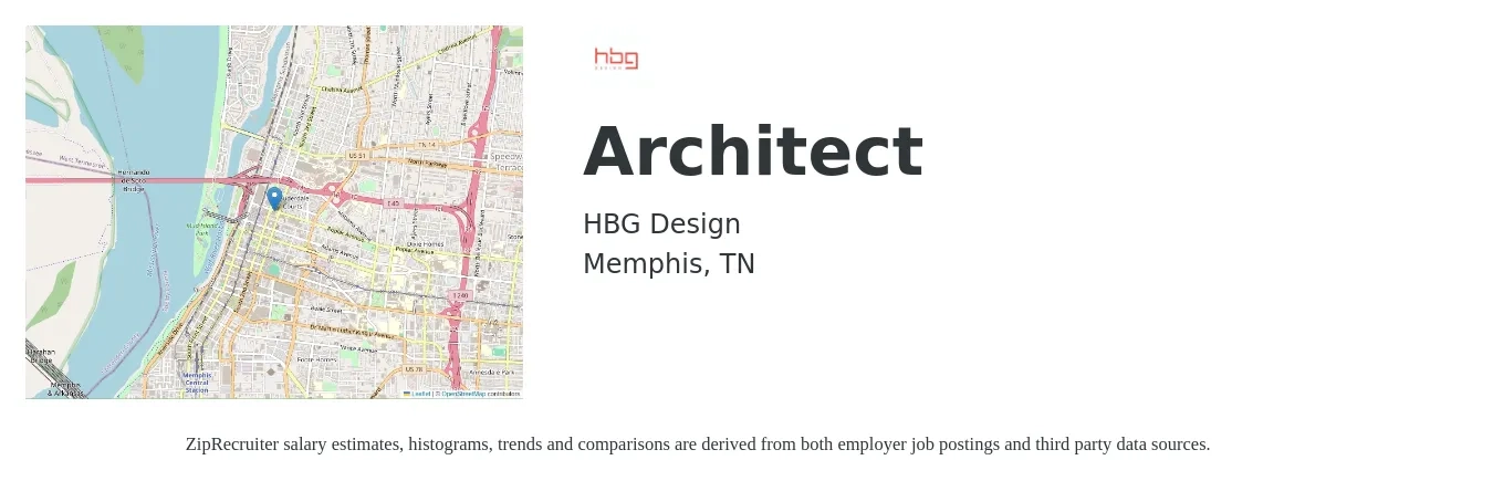 HBG Design job posting for a Architect in Memphis, TN with a salary of $75,000 to $110,000 Yearly with a map of Memphis location.