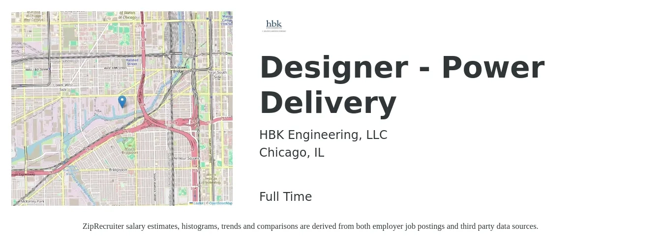 HBK Engineering, LLC job posting for a Designer - Power Delivery in Chicago, IL with a salary of $59,700 to $112,300 Yearly with a map of Chicago location.