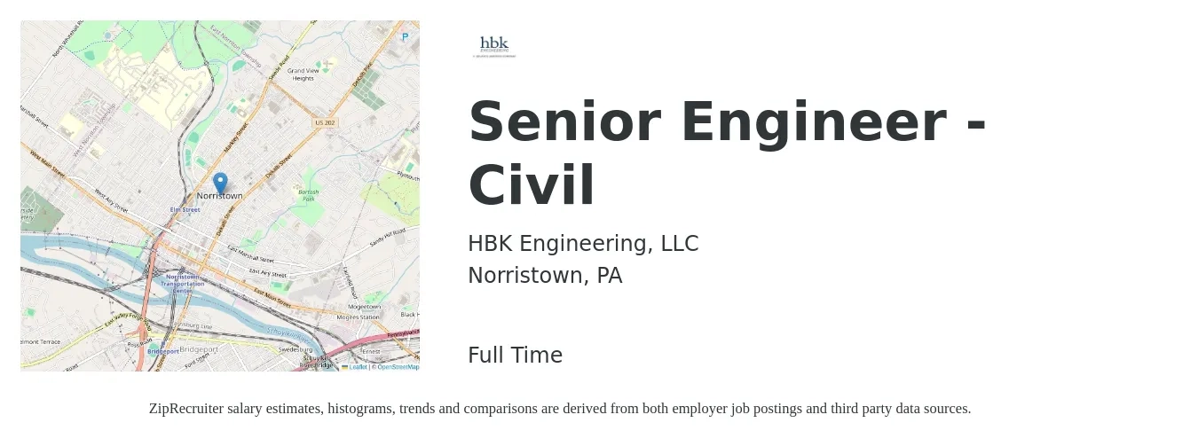 HBK Engineering, LLC job posting for a Senior Engineer - Civil in Norristown, PA with a salary of $82,000 to $122,100 Yearly with a map of Norristown location.