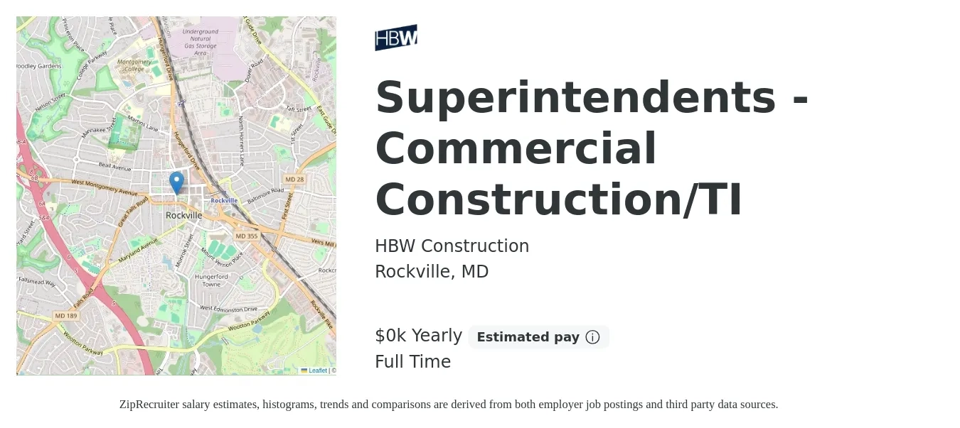 HBW Construction job posting for a Superintendents - Commercial Construction/TI in Rockville, MD with a salary of $80 to $110 Yearly with a map of Rockville location.