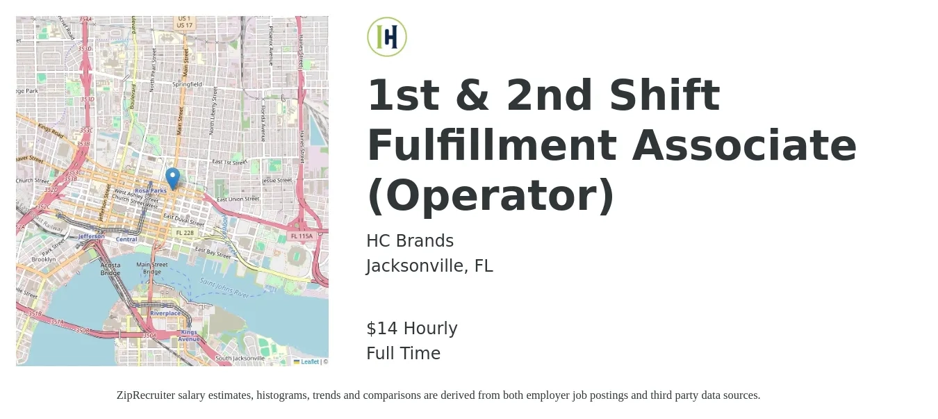 HC Brands job posting for a 1st & 2nd Shift Fulfillment Associate (Operator) in Jacksonville, FL with a salary of $15 to $17 Hourly with a map of Jacksonville location.