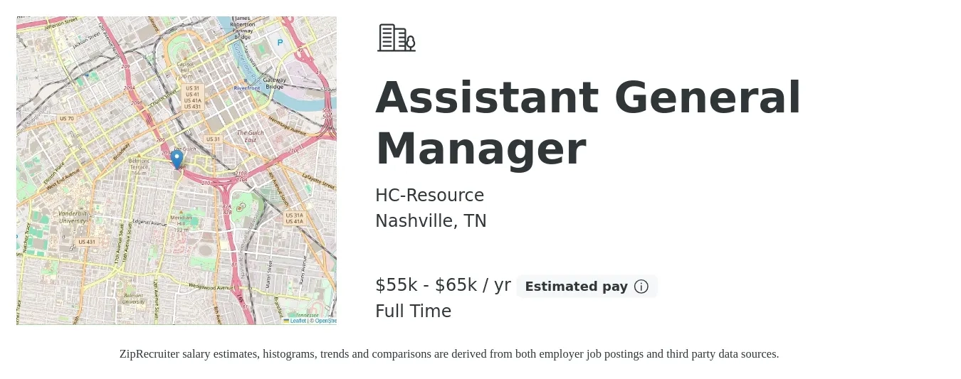 HC-Resource job posting for a Assistant General Manager in Nashville, TN with a salary of $55,000 to $65,000 Yearly with a map of Nashville location.