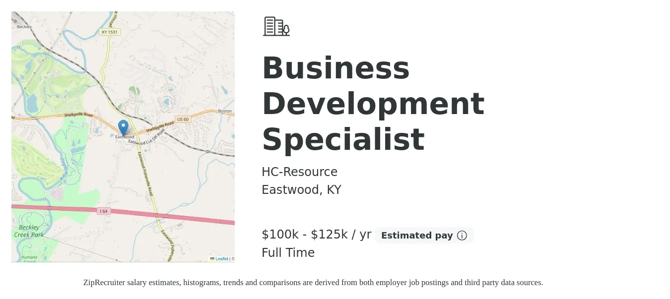 HC-Resource job posting for a Business Development Specialist in Eastwood, KY with a salary of $100,000 to $125,000 Yearly with a map of Eastwood location.