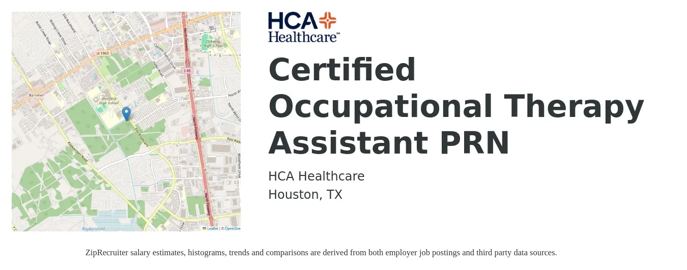 HCA Healthcare job posting for a Certified Occupational Therapy Assistant PRN in Houston, TX with a salary of $27 to $36 Hourly with a map of Houston location.