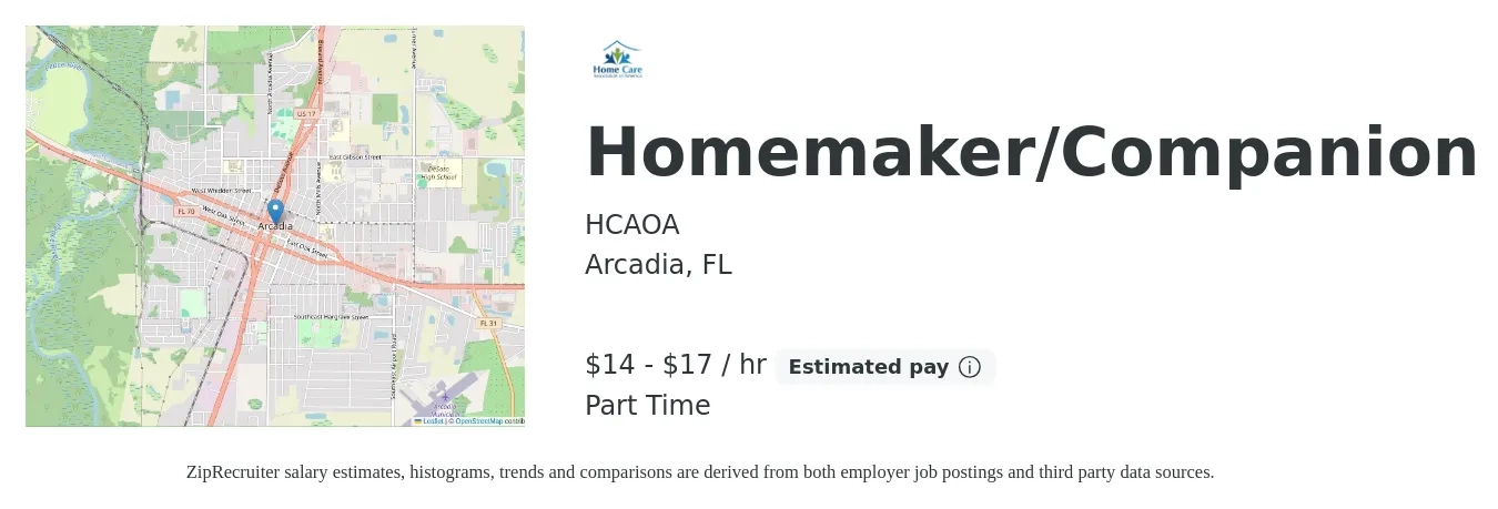HCAOA job posting for a Homemaker/Companion in Arcadia, FL with a salary of $15 to $18 Hourly with a map of Arcadia location.