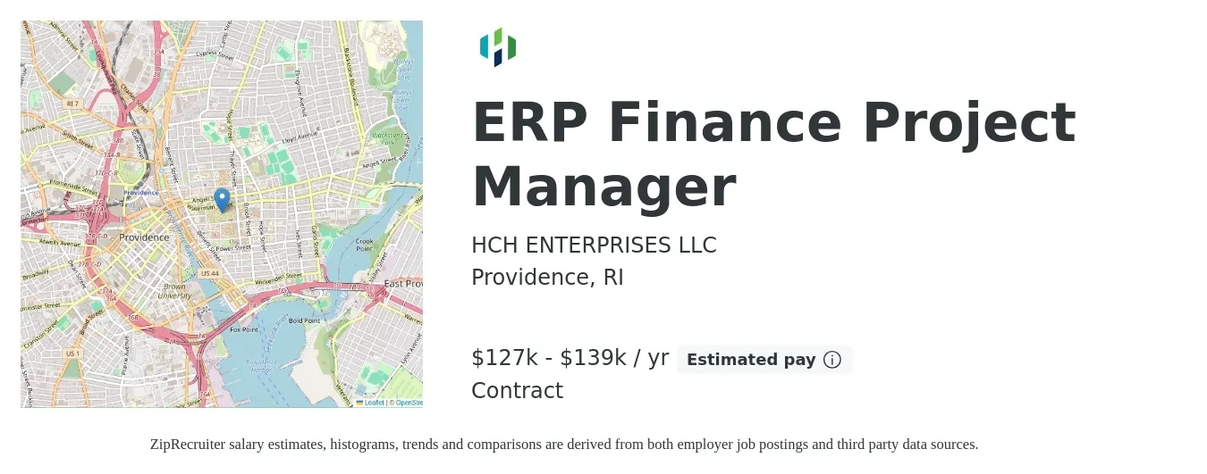 HCH ENTERPRISES LLC job posting for a ERP Finance Project Manager in Providence, RI with a salary of $127,000 to $139,000 Yearly with a map of Providence location.