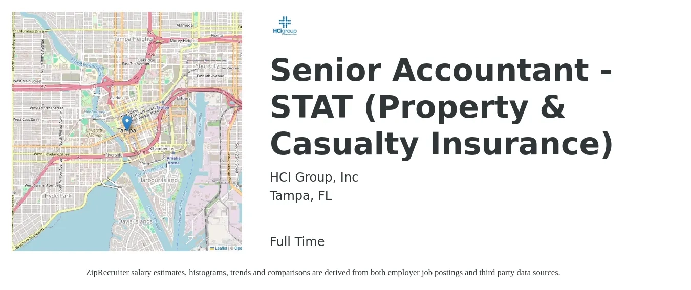 HCI Group, Inc job posting for a Senior Accountant - STAT (Property & Casualty Insurance) in Tampa, FL with a salary of $69,900 to $87,900 Yearly with a map of Tampa location.