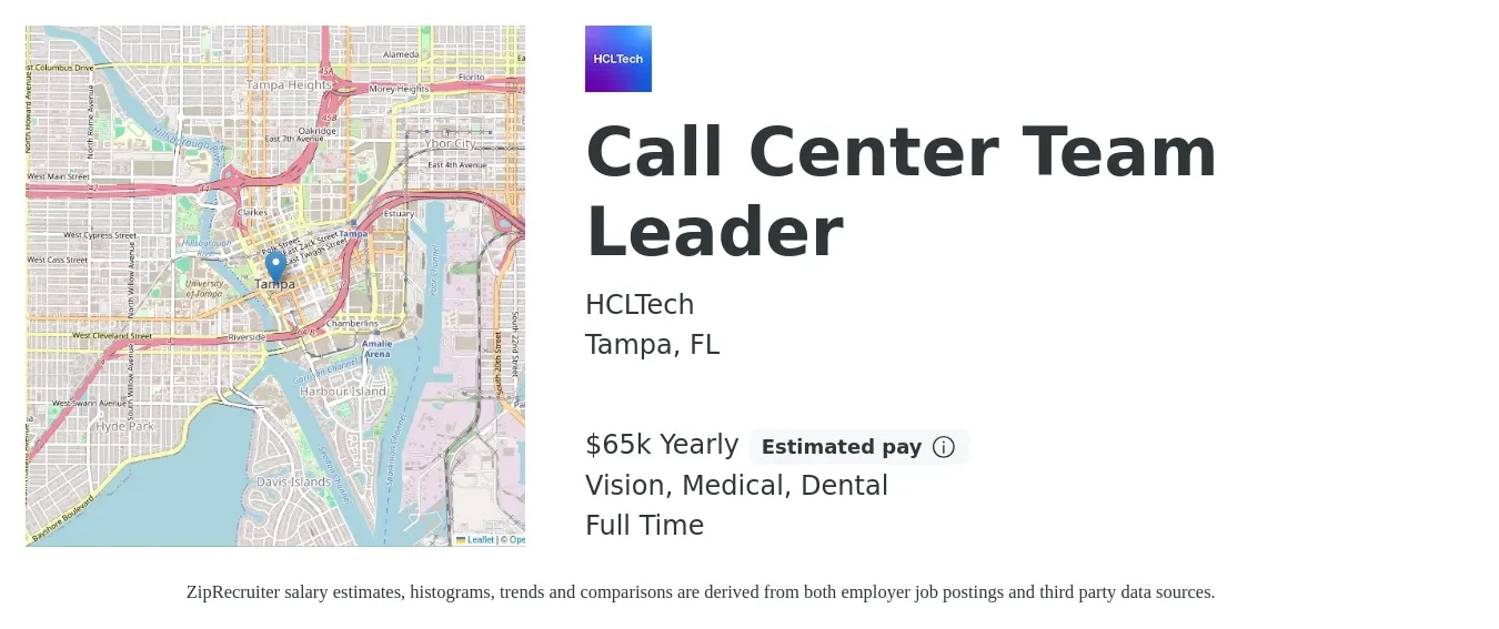 HCLTech job posting for a Call Center Team Leader in Tampa, FL with a salary of $65,000 Yearly and benefits including medical, retirement, vision, dental, and life_insurance with a map of Tampa location.