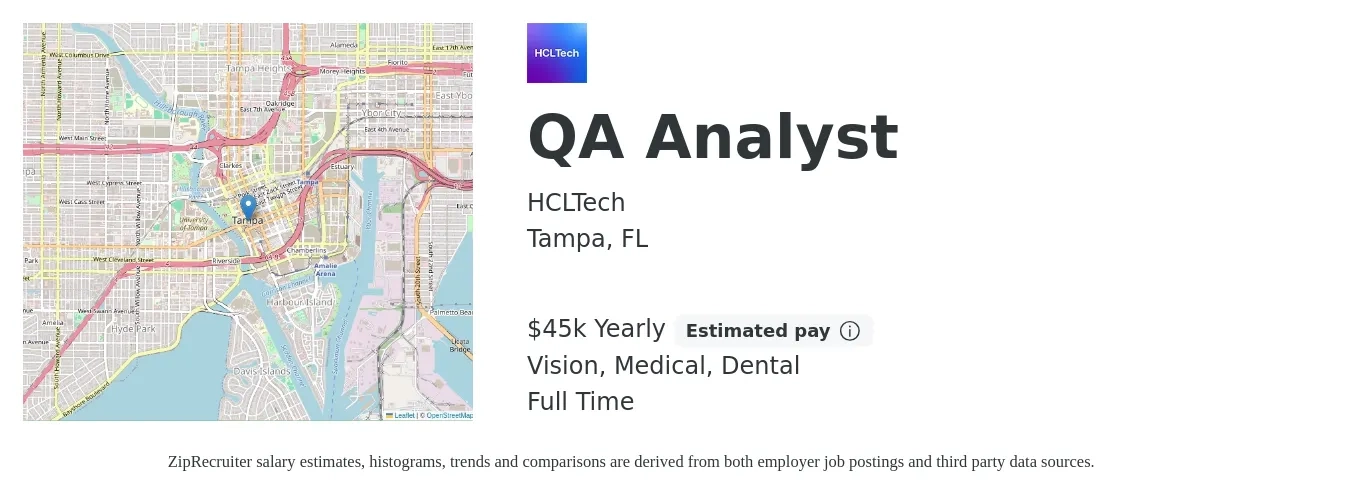 HCLTech job posting for a QA Analyst in Tampa, FL with a salary of $45,000 Yearly and benefits including dental, life_insurance, medical, retirement, and vision with a map of Tampa location.