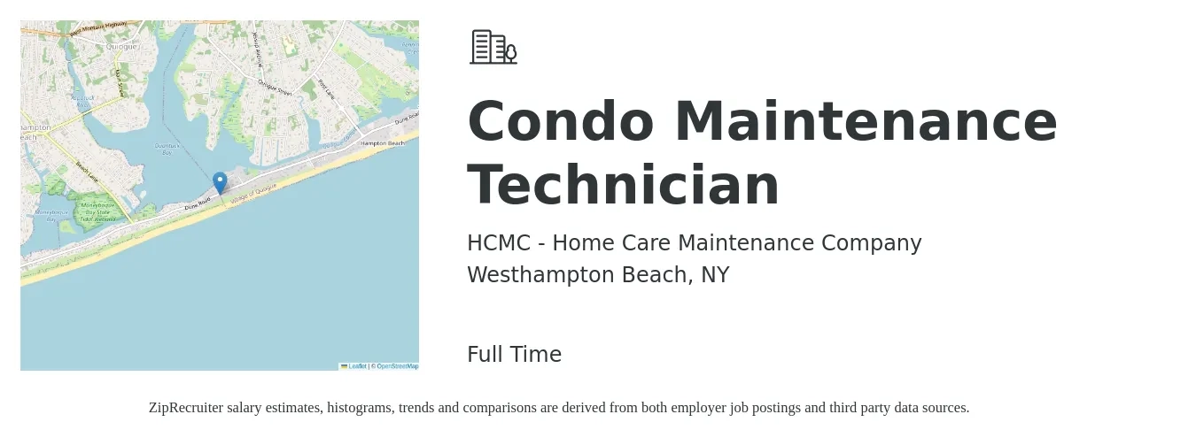 HCMC - Home Care Maintenance Company job posting for a Condo Maintenance Technician in Westhampton Beach, NY with a salary of $21 to $29 Hourly with a map of Westhampton Beach location.