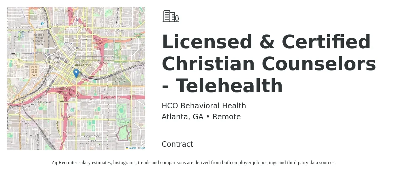 HCO Behavioral Health job posting for a Licensed & Certified Christian Counselors - Telehealth in Atlanta, GA with a salary of $35 to $55 Hourly with a map of Atlanta location.